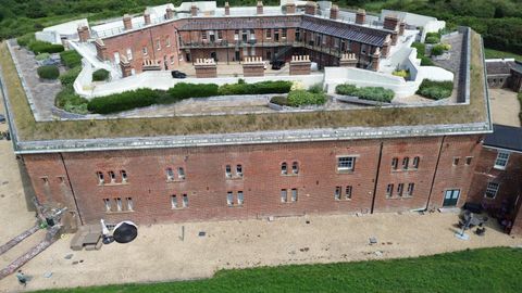 Aerial view of Golden Hill Fort, a Grade I listed Victorian fort in Freshwater, where we managed external repairs